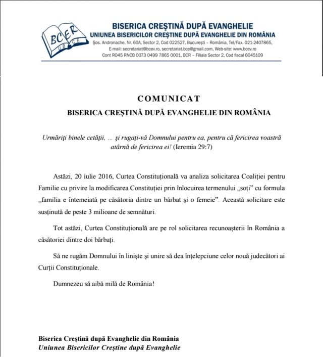 Comunicat Crestini dupa Evanghelie-vert