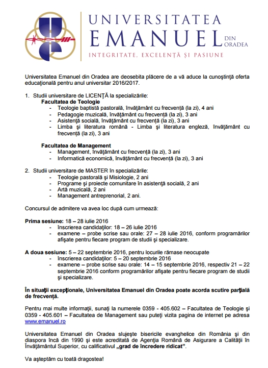 Universitatea Emanuel admitere