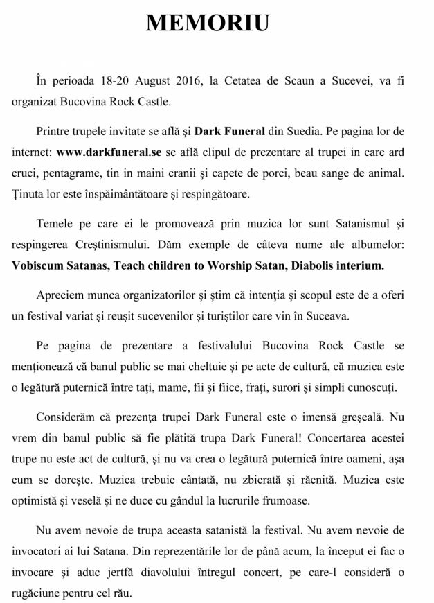 Memoriul transmis de preotul Justinian Remus Cojocaru