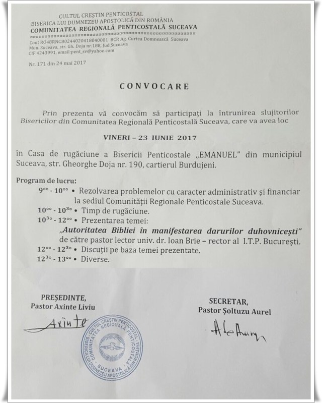 Comunitatea Regionala Penticostala Suceava - conferinta iunie 2017